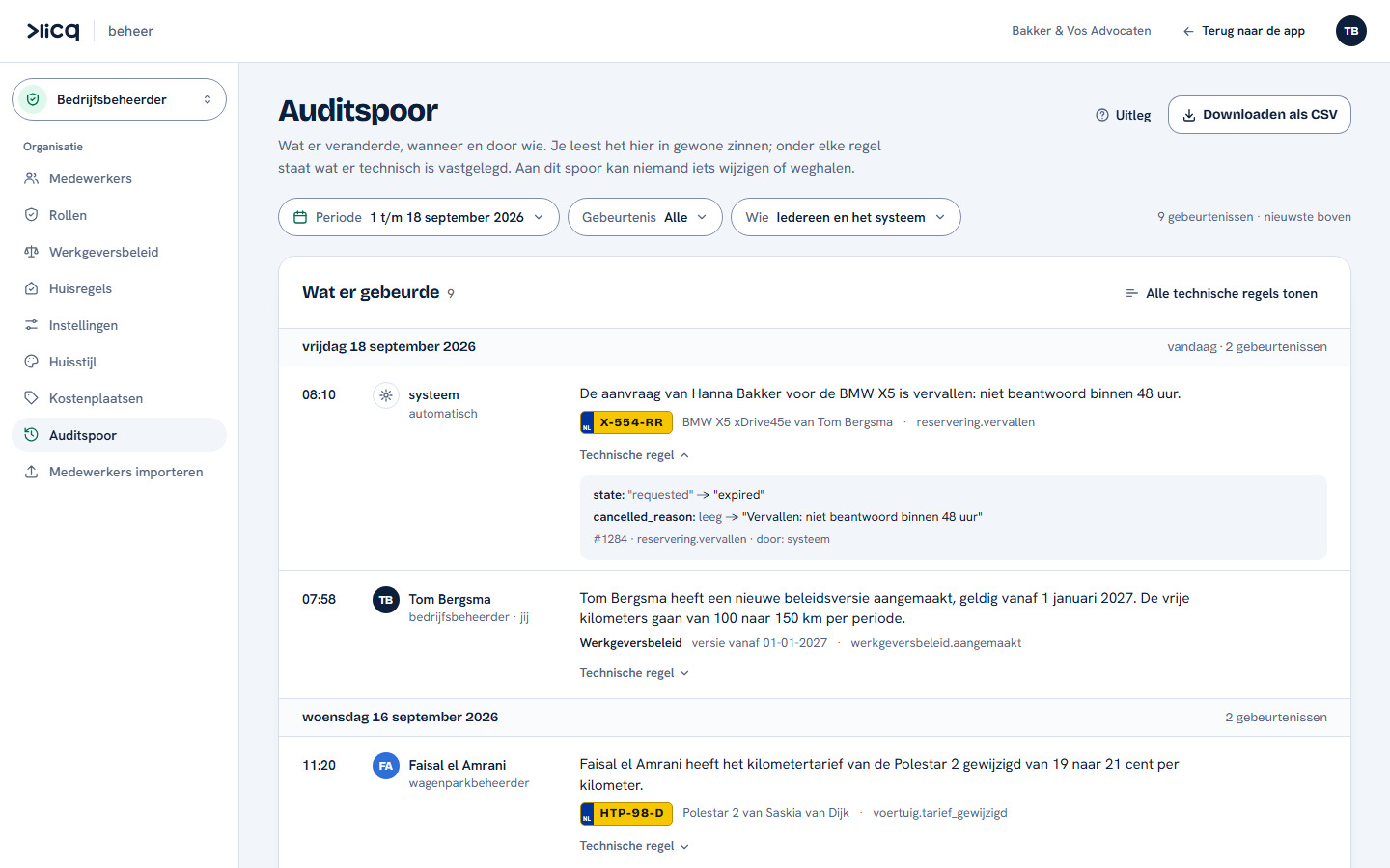 Het auditspoor in Klicq: per dag wat er veranderde, wanneer en door wie, in gewone zinnen met de technische regel eronder