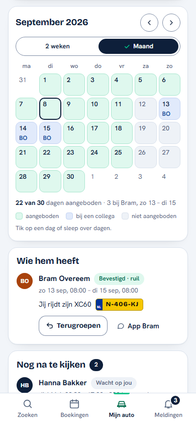De agenda in de Klicq-app: per dag van de maand is te zien of de auto is aangeboden, bij een collega staat of niet beschikbaar is