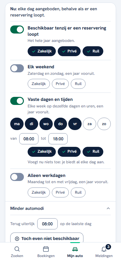 Mijn auto in de Klicq-app: de berijder zet automodi aan, zoals beschikbaar tenzij er een reservering loopt, en kiest per modus zakelijk, privé of ruil