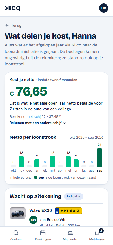 Het scherm Bijtelling in de Klicq-app: wat delen een collega zonder leaseauto het afgelopen jaar netto kostte, per loonstrook