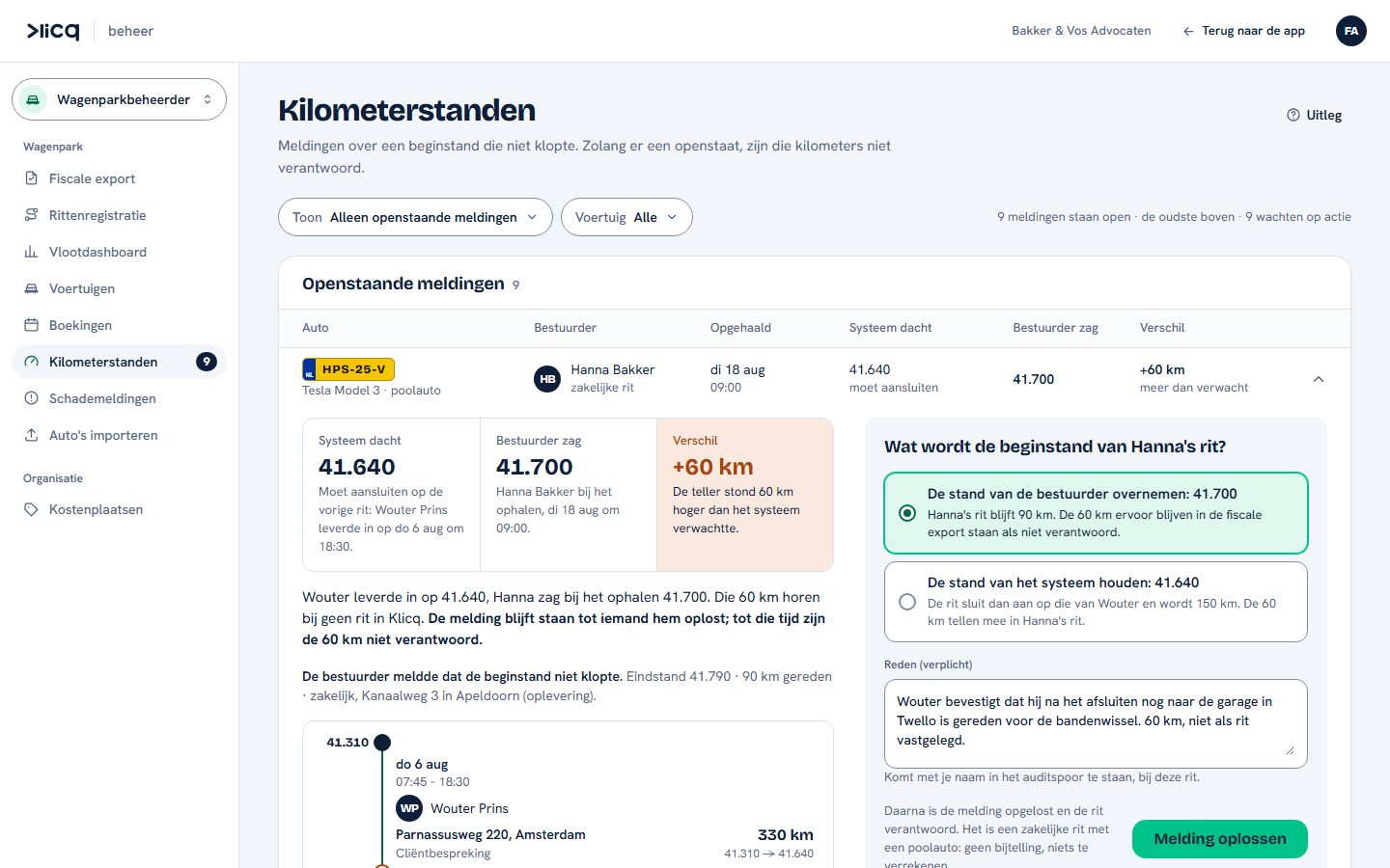 Kilometerstanden in Klicq: een openstaande melding bij de poolauto, het systeem verwachtte 41.640, de bestuurder zag 41.700, een verschil van 60 km