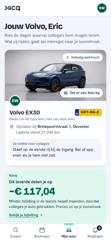 Het scherm Mijn auto in de Klicq-app: de Volvo EX30 van de leaserijder, en wat delen hem in twaalf maanden opleverde aan minder bijtelling