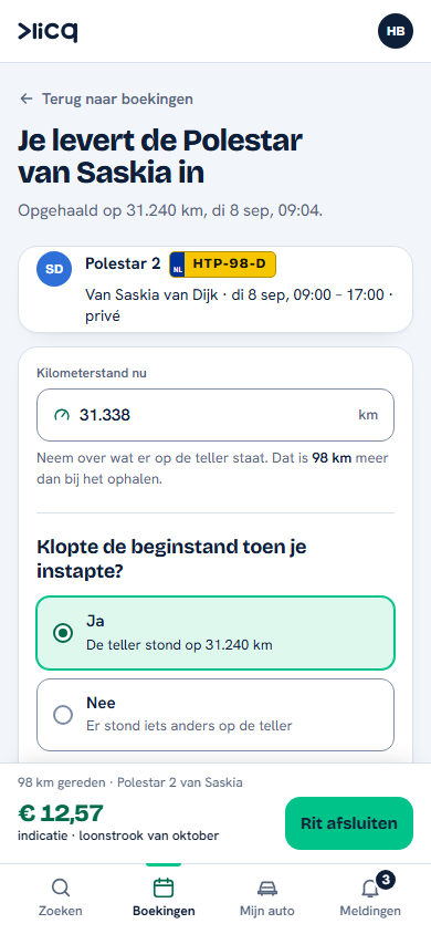 Een rit afsluiten in de Klicq-app: de kilometerstand van de Polestar 2 invullen en bevestigen dat de beginstand klopte