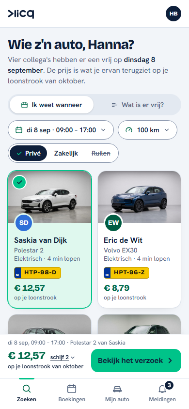 Het scherm Zoeken in de Klicq-app: auto's van collega's die op dinsdag 8 september vrij zijn, met per auto wat een dag lenen op de loonstrook kost