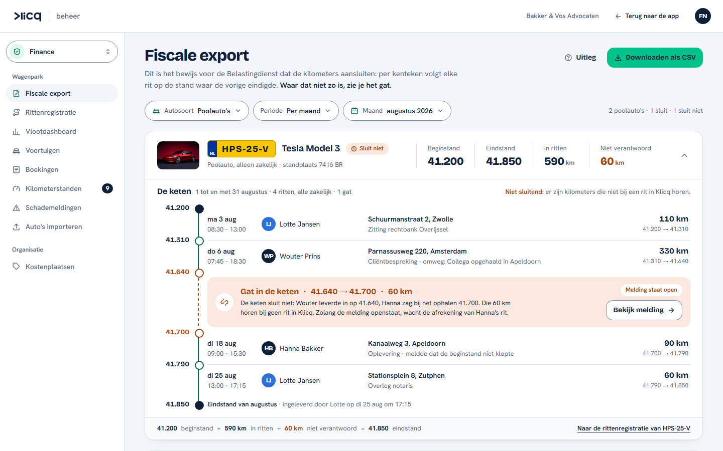 De fiscale export: per kenteken de keten van kilometerstanden, rit voor rit, met een gat van 60 kilometer dat het platform zelf aanwijst