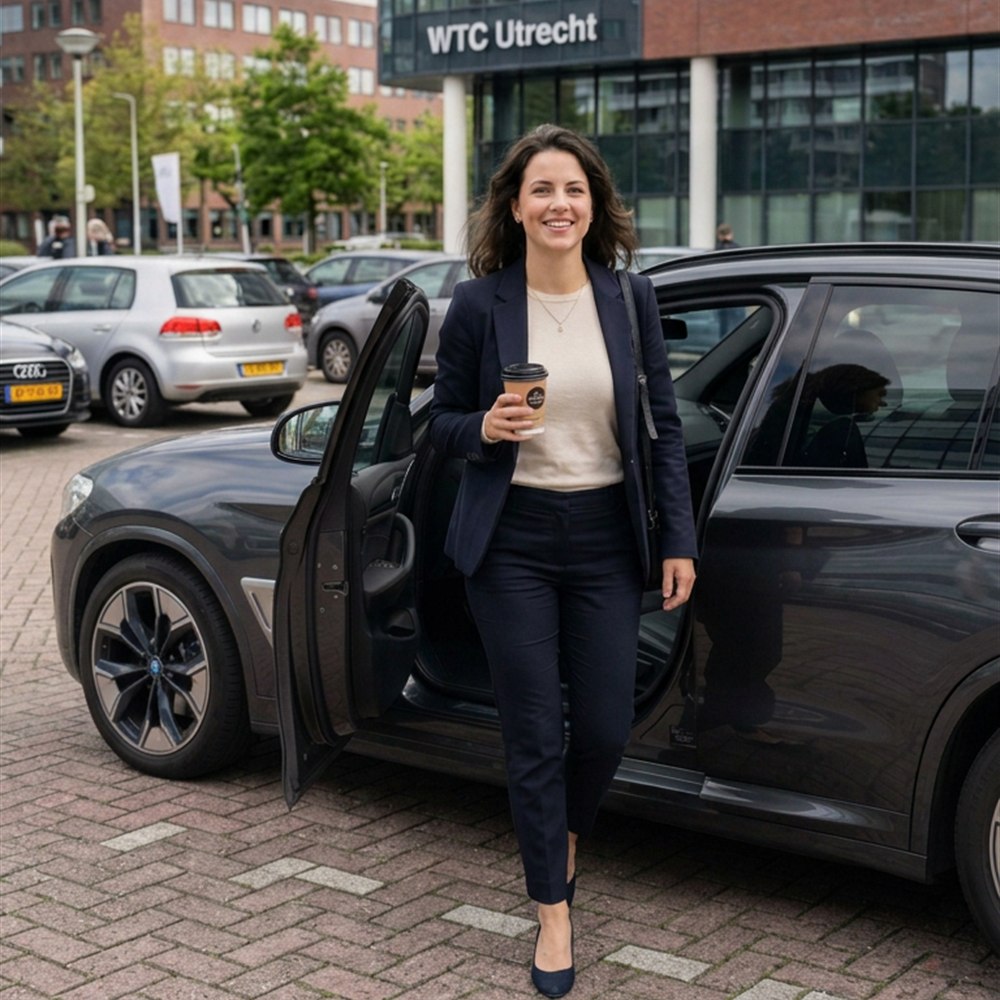 Sanne, collega zonder leaseauto, stapt met een kop koffie uit de leaseauto van een collega