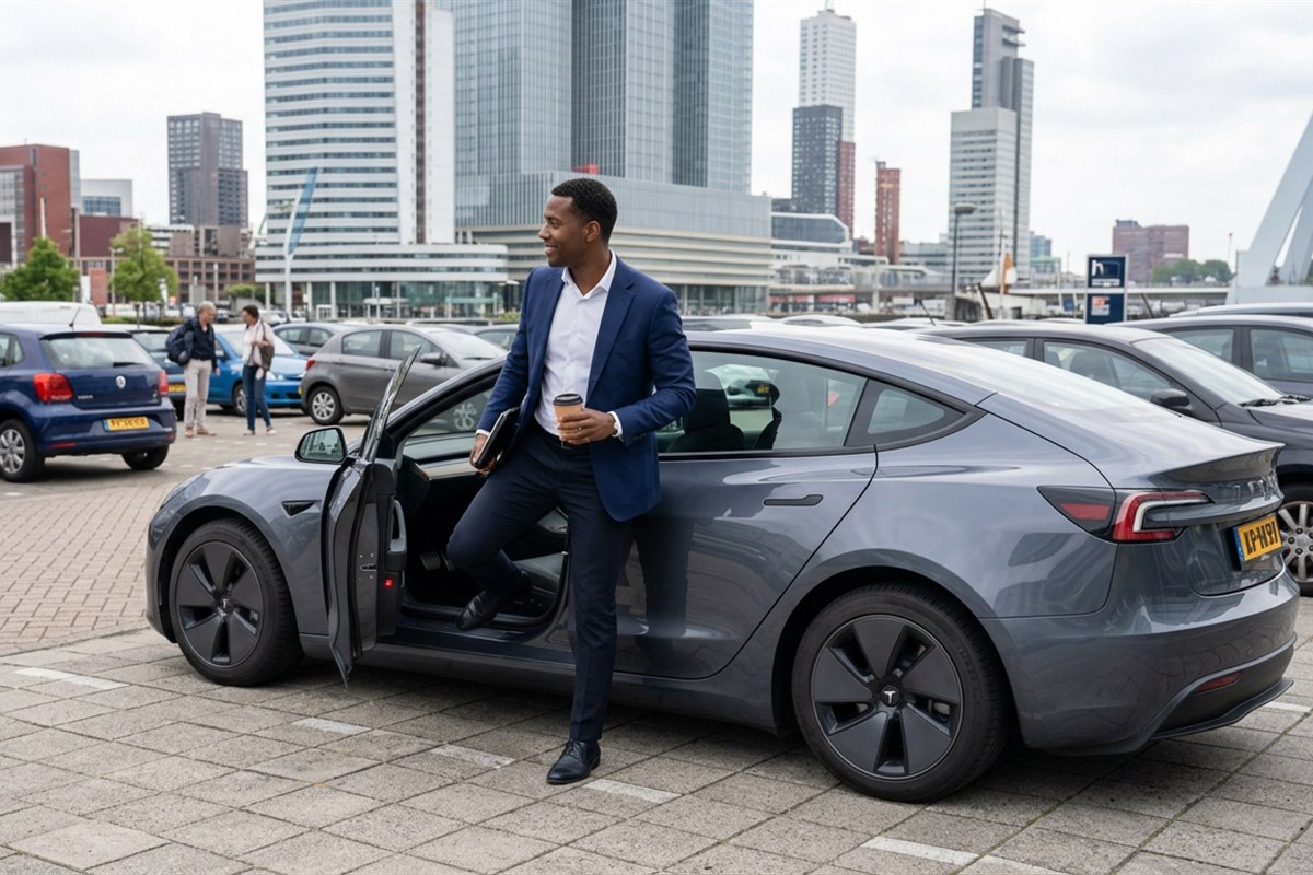 Collega stapt met koffie en laptop uit de poolauto, een Tesla Model 3, op de parkeerplaats