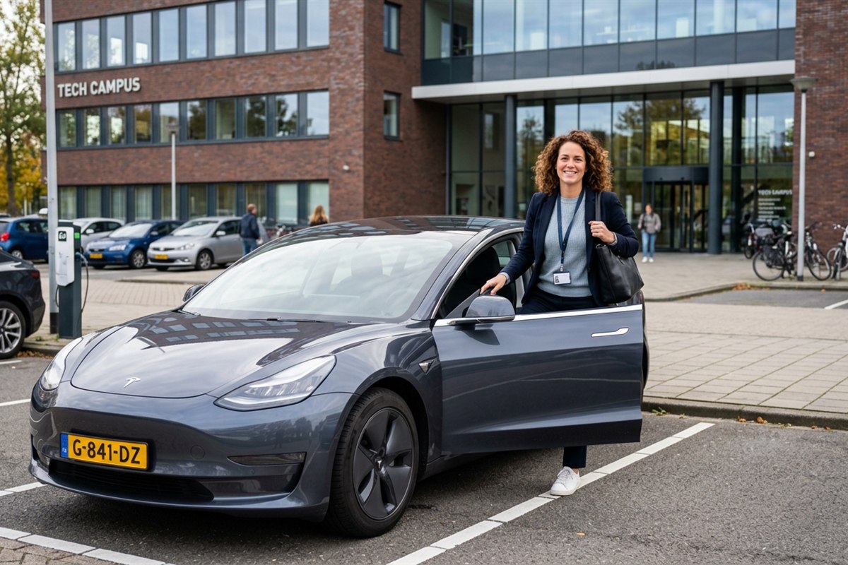Collega stapt uit de poolauto, een Tesla Model 3, op de parkeerplaats bij kantoor