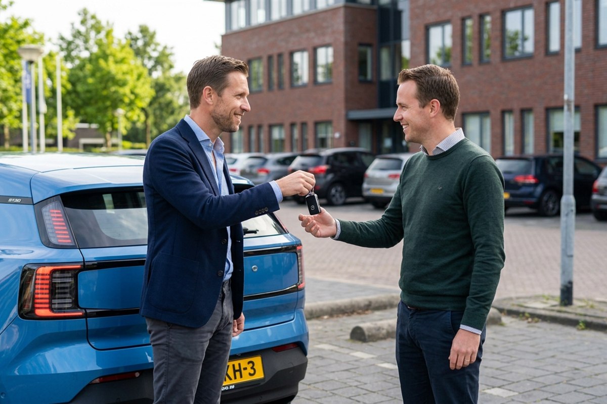 Een leaserijder geeft de sleutel van zijn auto door aan een collega, straks vervangen door de digitale sleutel